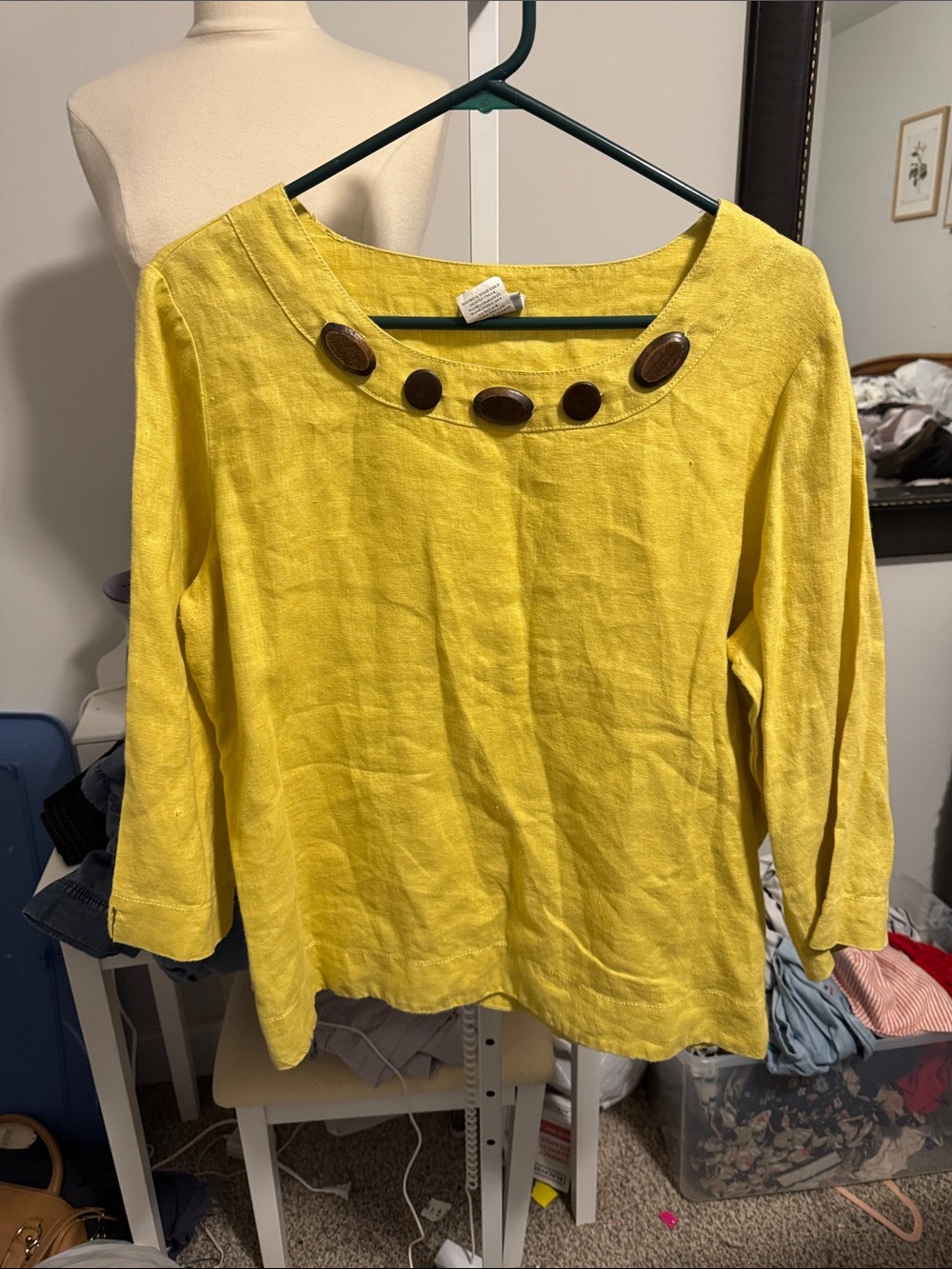 Hot Cotton Bright Yellow Linen-Blend Button-Neck Top